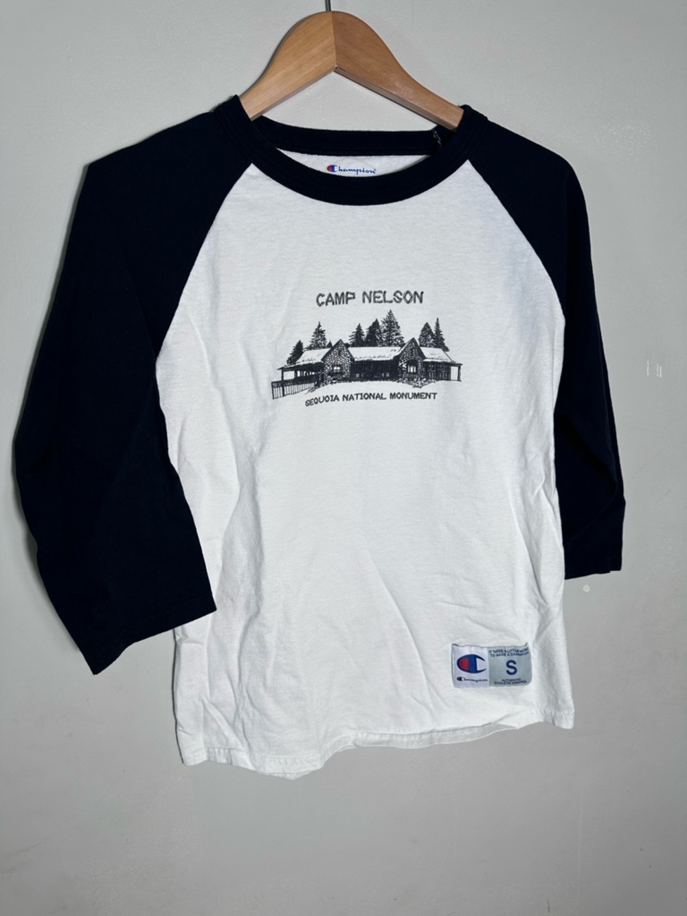 Champion White & Black Raglan Baseball Tee with Camp Nelson Graphic